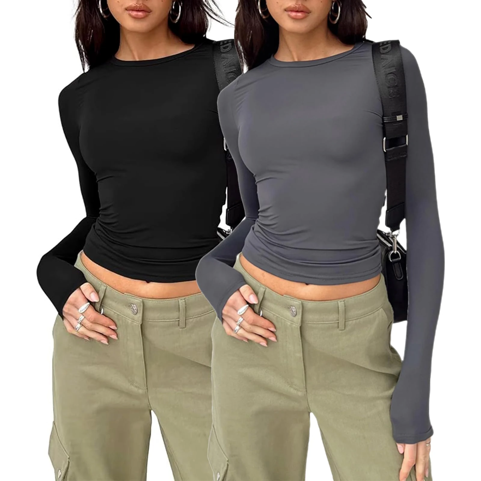 Flintronic Womens Long Sleeve Slim Fitted T-Shirts - Crop Tops Blouse Aesthetic Streetwear - Black+Grey/M