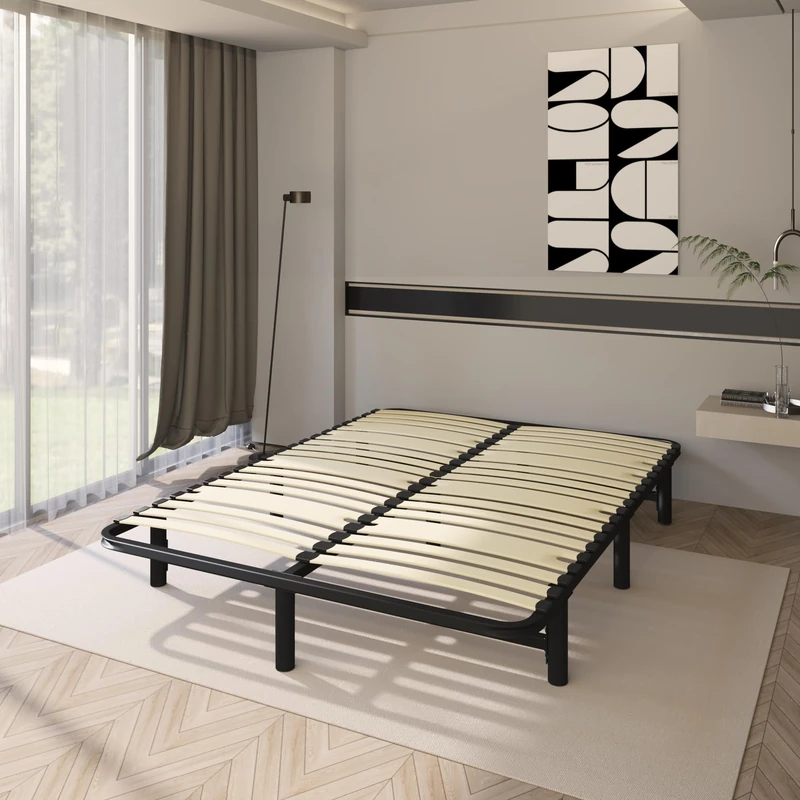 Mondeer Double Bed Frame, Platform Bed Base with Wooden Slats and Metal Support Completely Desmountable for 135 x 190cm Mattress