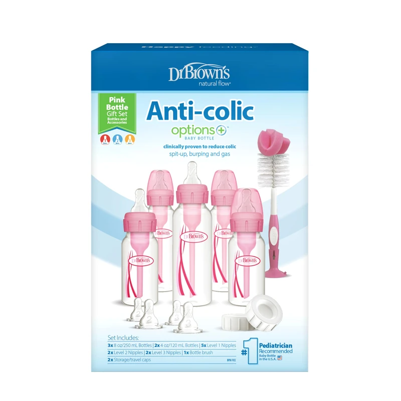 Dr. Brown’s Natural Flow Anti-Colic Options+ Narrow Pink Baby Bottle Gift Set with Bottle Cleaning Brush and Storage/Travel Caps, 0m+, BPA Free - Image 1