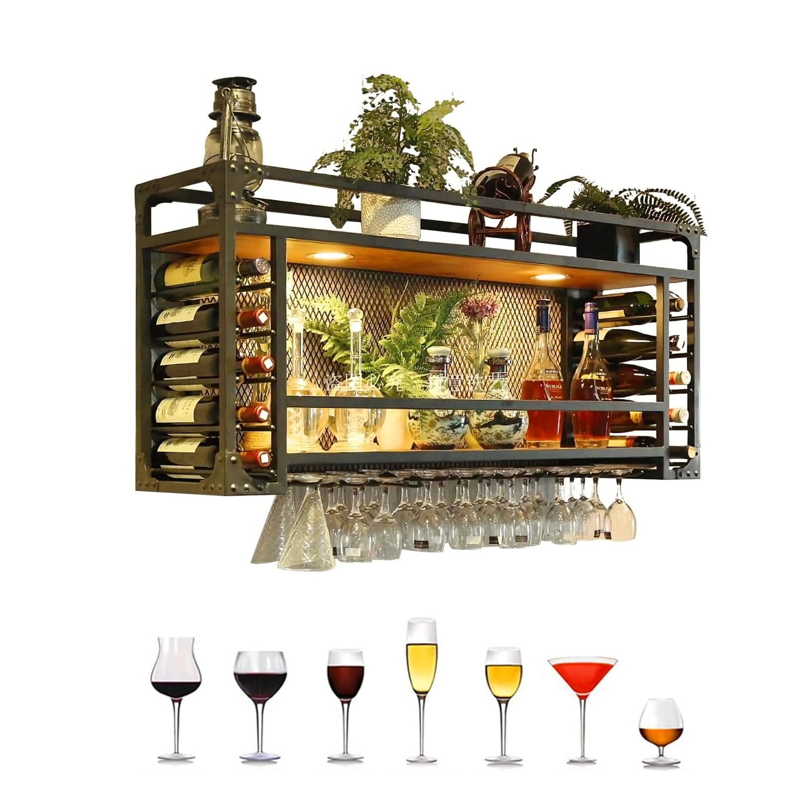 Pxkmouy 75x30x50cm Wall Mounted Wine Rack with LED light, Modern Metal Wall Mounted Wine Display Rack with Stemware Hanger, Metal Frame Hanging Drink Display Storage Holder for Kitchen Bar Dining