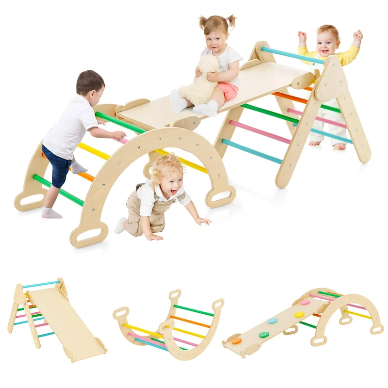 GYMAX 3 in 1 Kids Climbing Set, Wooden Toddler Climber with Reversible Ramp and Arch, Outdoor Indoor Climbing Frame for 1 Years Old + Boys Girls (Colorful)