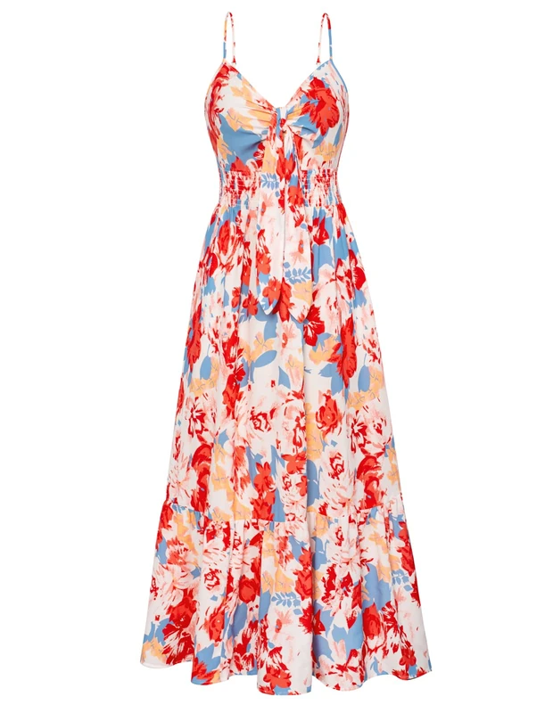 GRACE KARIN Women's 2025 Summer Maxi Dress Floral Tie Front Spaghetti Strap Casual Boho Beach Flowy Sundress with Pockets, Blue Red Floral, M