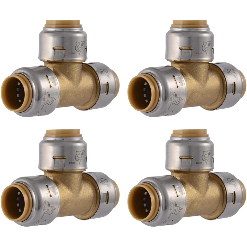 SharkBite Max 1/2 Inch Tee, Pack of 4, Push to Connect Brass Plumbing Fitting, PEX Pipe, Copper, CPVC, PE-RT, HDPE, UR362A4