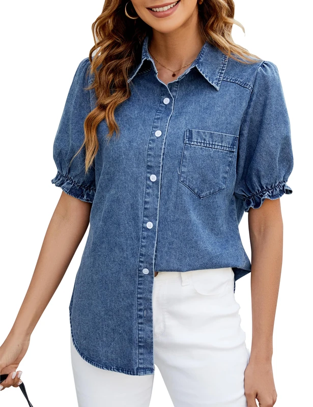 BMJL Womens Denim Shirt Business Casual Button Down Work Blouses Puff Sleeve Summer Tops, Elastic Blue, M