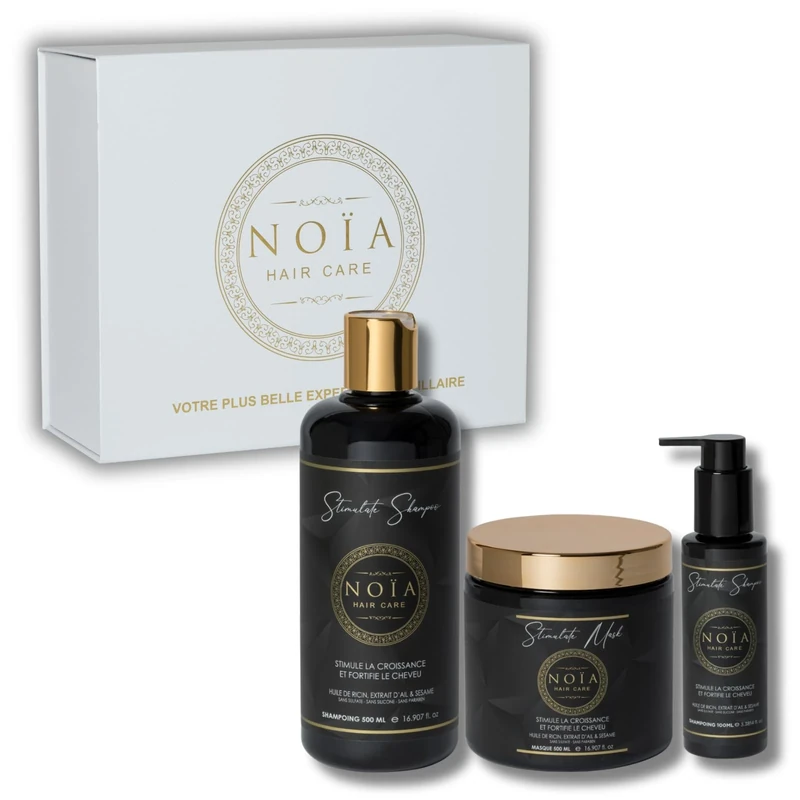 NOÏA HAIR - Prestige Hair Care Set - STIMULATE Collection - Shampoo + Mask + Serum + Free Blow-Dry Brush (Castor Oil, Garlic & Sesame)