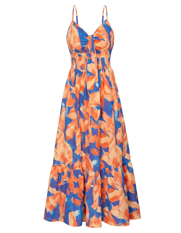 GRACE KARIN Women's 2024 Summer Beach Dress Floral V Neck Tie Front Spaghetti Strap Flowy Long Dress Boho Maxi Dress, Orange Blue Floral, M