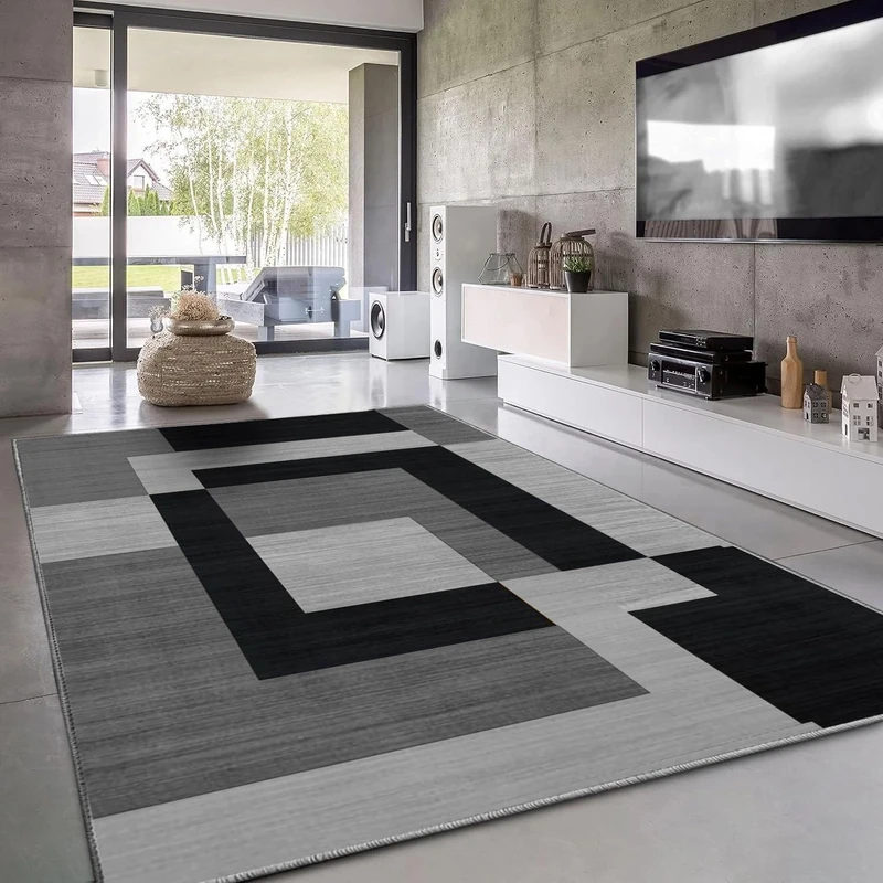 Imperial Rooms Area Rugs Living Room 160x230 Cm - Rugs for Bedroom Geometric Style Modern Floor Carpet Non Shedding Super Soft Milo Black and Grey Large Rug Easy Care