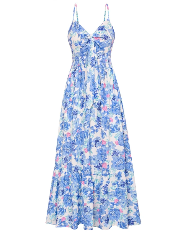 GRACE KARIN Women's 2024 Summer Beach Dress Floral V Neck Tie Front Spaghetti Strap Flowy Long Dress Boho Maxi Dress, Blue Floral, XXL