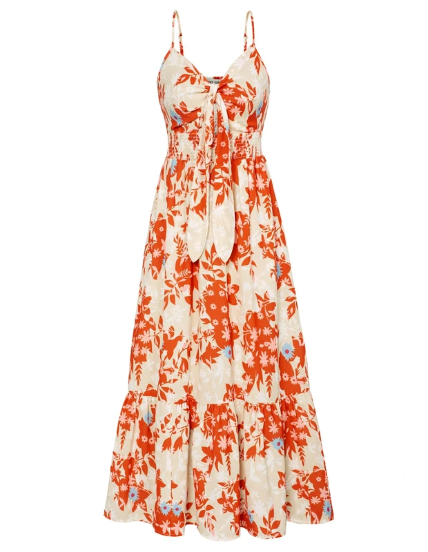 GRACE KARIN Women's 2025 Summer Beach Dress Floral V Neck Tie Front Spaghetti Strap Flowy Long Dress Boho Maxi Dress, Orange Floral, M