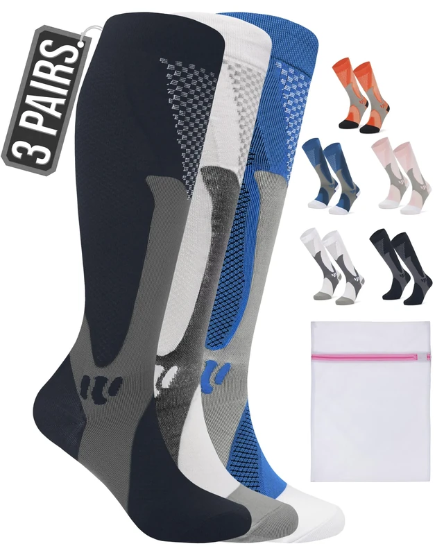 360 RELIEF 3 Pairs Compression Socks for Women & Men - Graduated Support - Ideal for Running, Travel, Pregnancy, 15-20 mmHg, XXL, Black+White+Blue