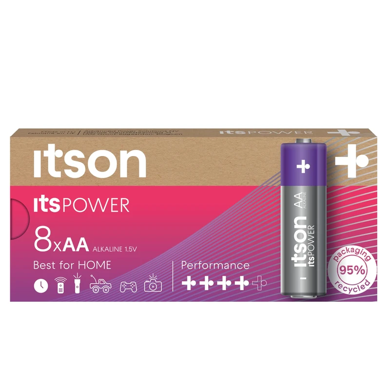 ITSON, AA batteries, pack of 8, eco-friendly packaging of 95 Percentage recycled materials, for clocks, torches, remote controls, made in EU