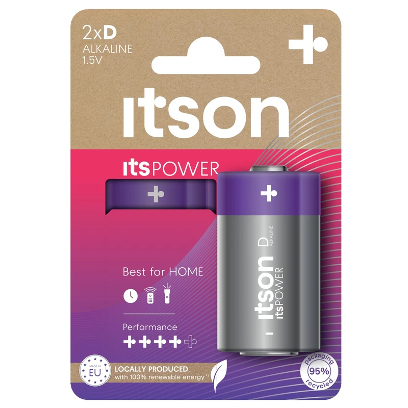ITSON D Batteries (Pack of 2) - 95% Recycled Eco Packaging