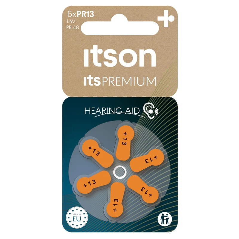 ITSON, zinc air battery for over-ear and in-ear hearing aid devices, pack of 6, plastic free packaging, PR13(48) IT/6RM