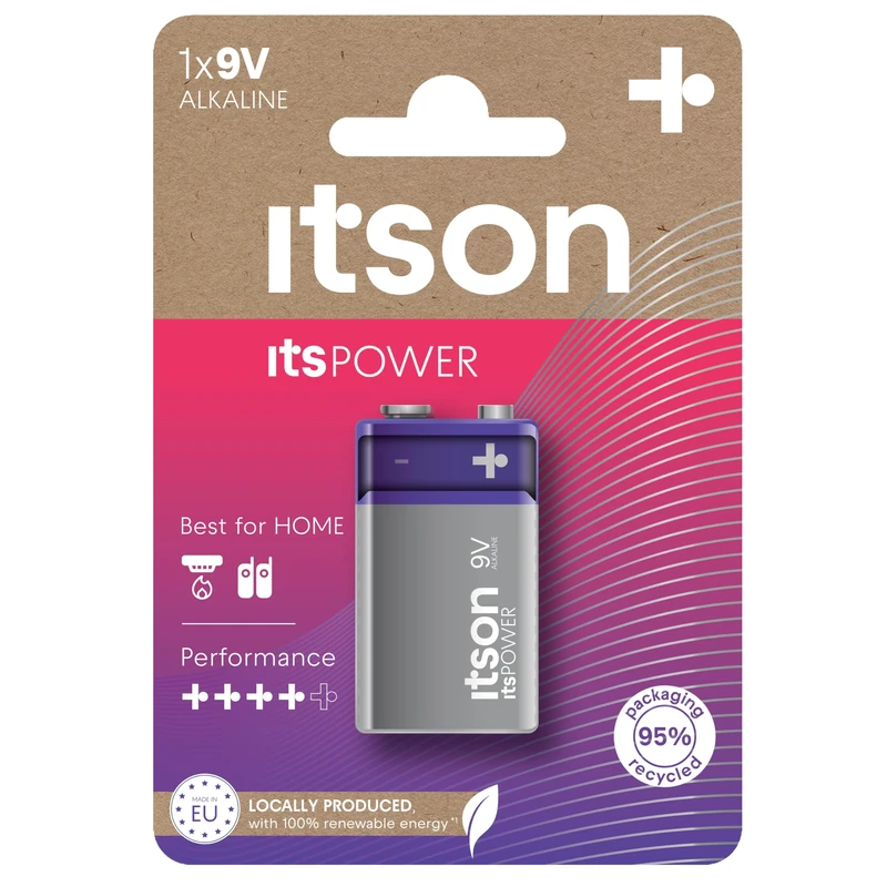 ITSON, 9V batteries, pack of 1, eco-friendly packaging of 95 Percentage recycled materials, for clocks, smoke-detctors, walkie-talkies, made in EU