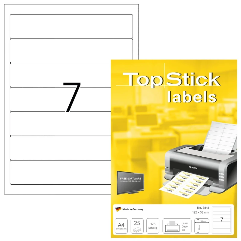 TopStick A4 Self Adhesive Lever Arch File Labels, 7 Labels Per Sheet, 800 Sheets, 5,600 Labels, 192 x 38 mm, Blank Spine Folder Labels for Laser & Inkjet, Printable Sticky Paper for Office & Home