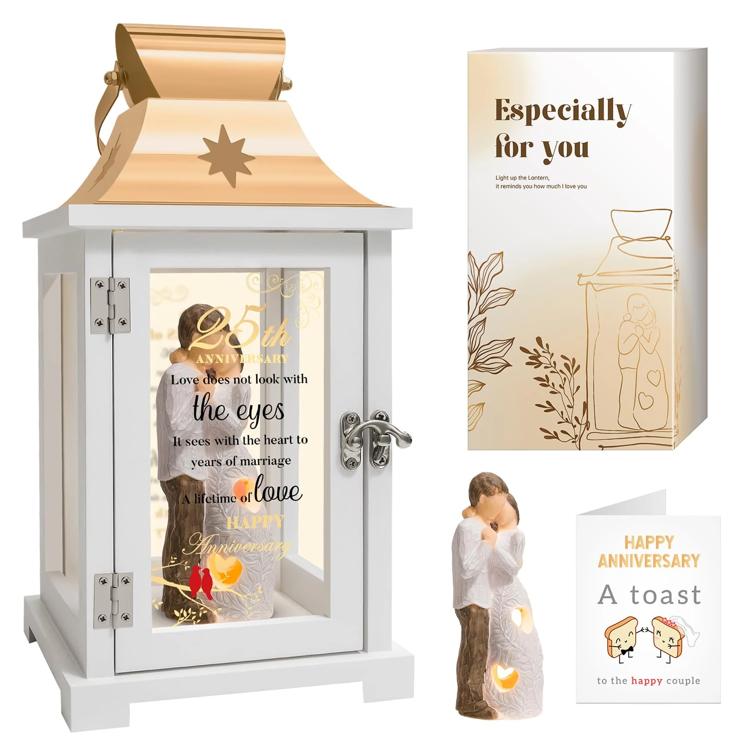 25th Wedding Anniversary Husband and Wife Figurine Lantern, Best 25th Anniversary Wedding Gifts for Couple Parents Wife Husband Silver 25 Years of Marriage for Him Her