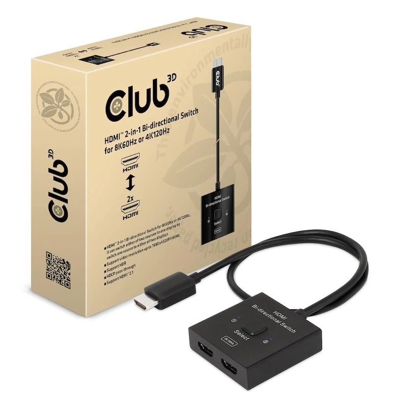Club3D CSV-1384 HDMI™ 2-in-1 Bi-Directional Switch for 8K60Hz or 4K120Hz
