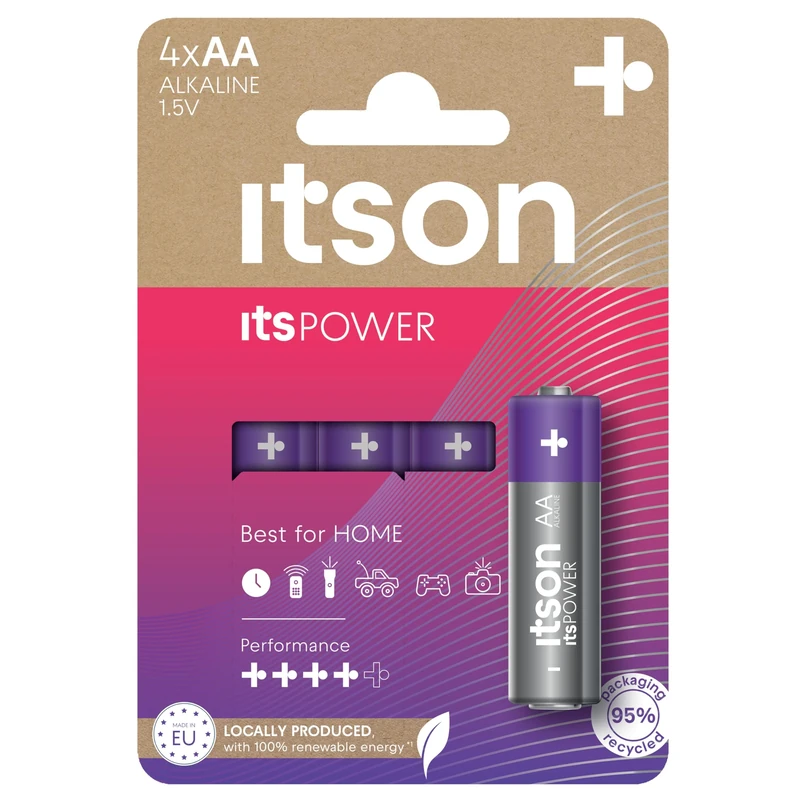 ITSON, AA batteries, pack of 4, eco-friendly packaging of 95 Percentage recycled materials, for clocks, torches, remote controls, made in EU