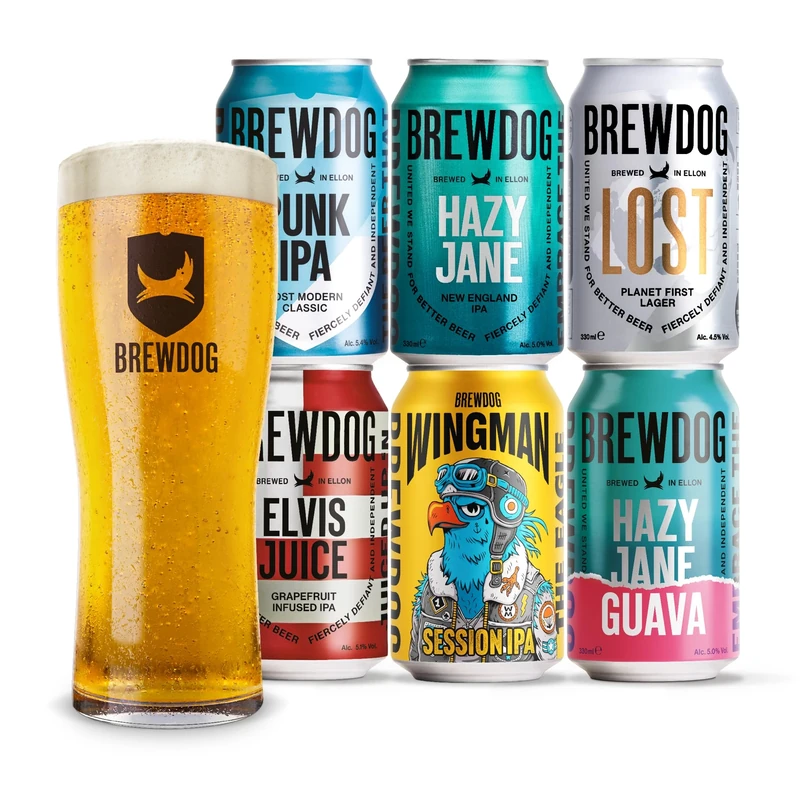 BrewDog Craft Beer Gift Set - 6 x 330ml Premium Beer Cans and 1 Pint Glass - vegan