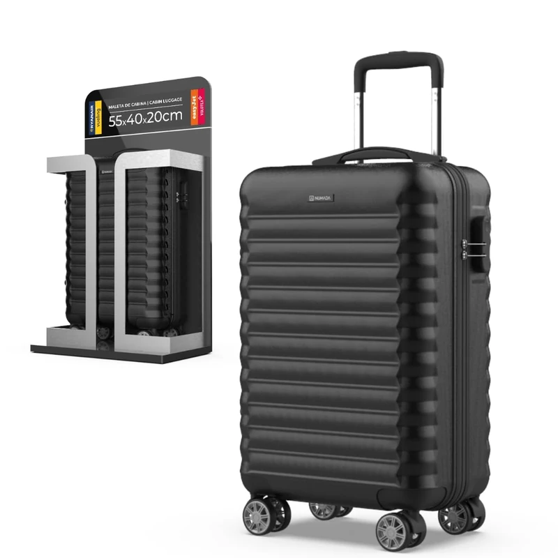 NUMADA - Travel Cabin Suitcase 55x36x19cm (31L) Upfly XS with Combination Lock and 4 Double Wheels 360. Sturdy Lightweight Rigid Hand Luggage with Comparted Interior, Black/White, Casual