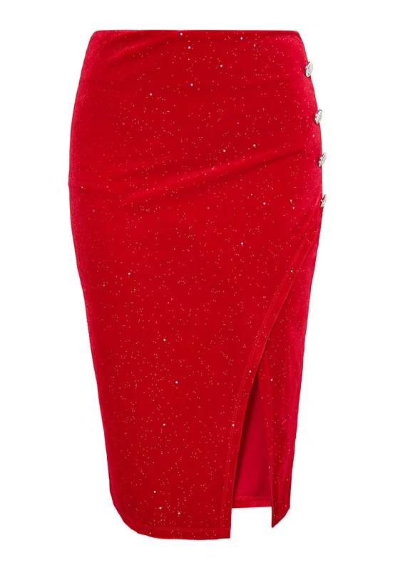 CHANI Women's Velvet Skirt with Glitter, red, XS