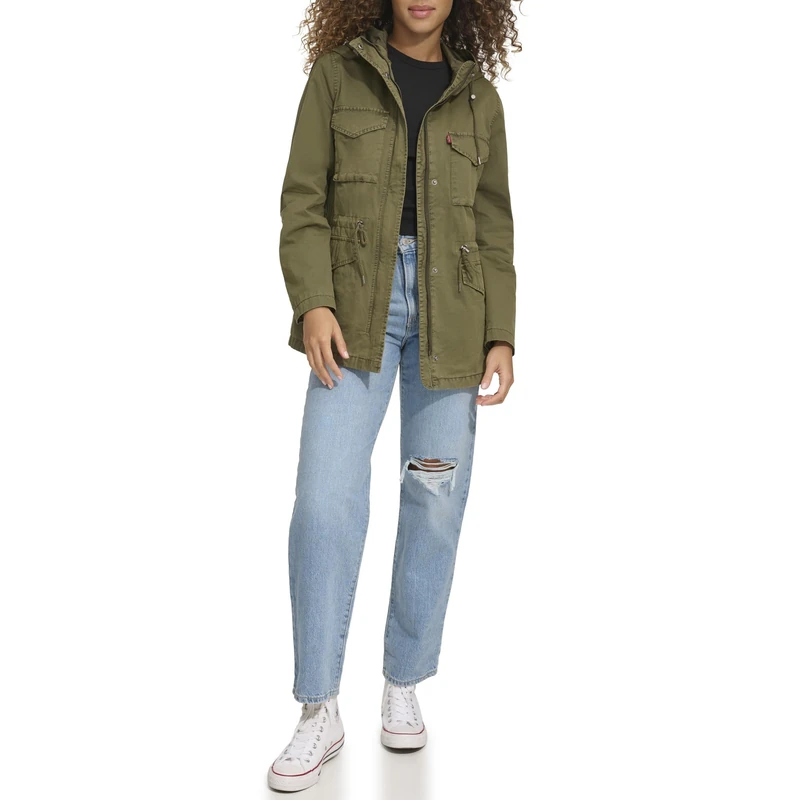 Levi's Women's Four Pocket Hooded Military Jacket, Olive Cotton, L