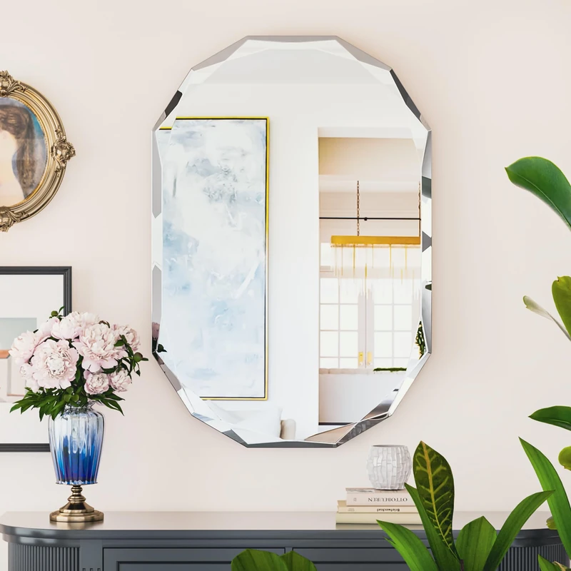 Suidia Modern Diamond Beveled Edge Mirror, 20" x 30" Oval, Wall Mounted, Frameless, HD Explosion-proof Glass, Bathroom Mirror for Bedroom, Living Room, Entryway, Hallway - Image 1