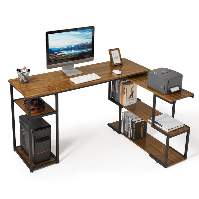 Mondeer L Shaped Computer Desk, Corner Desk, 360° Rotating Shelves and Adjustable Storage Shelves, Space Saving for Home Office Studio Workstation, Rustic Brown