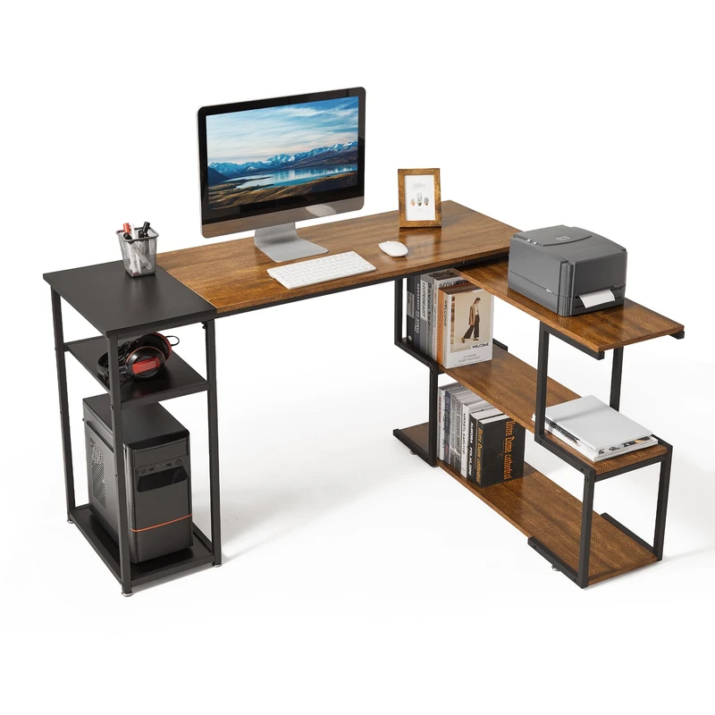 Mondeer L Shaped Computer Desk, Corner Desk, 360° Rotating Shelves and Adjustable Storage Shelves, Space Saving for Home Office Studio Workstation, Rustic Brown and Black