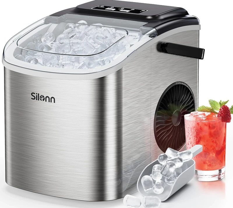 Silonn Ice Maker, Countertop Ice Machine 9 Cubes Ready in 6 Mins, 12 KG in 24Hrs, Self-Cleaning Ice Cube Maker with Ice Scoop and Basket, 2 Sizes of Bullet Ice for Home Kitchen Office Bar Party