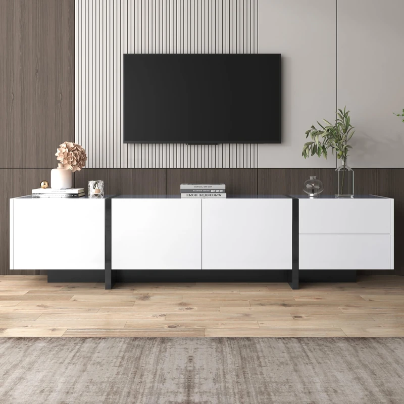 ModernLuxe TV Stand Cabinet, Stylish Elegant TV Unit with Low Panel, Modern TV Cabinet for Living Room, Practical TV Table with Shelves and Drawers, High-gloss White and Black Colorblock, 190cm