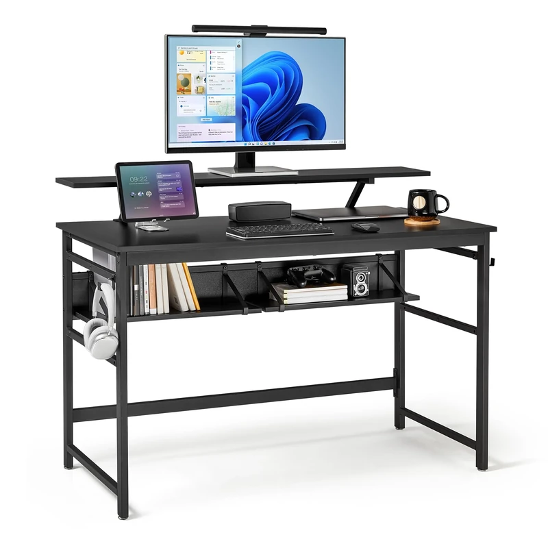 Mondeer Computer Desk, Workstation Writing Desk with 2 Adjustable Storage Shelves and Large Monitor Stand, Space Saving for Home Office Studio, 120 x 60 x 90 cm, Black