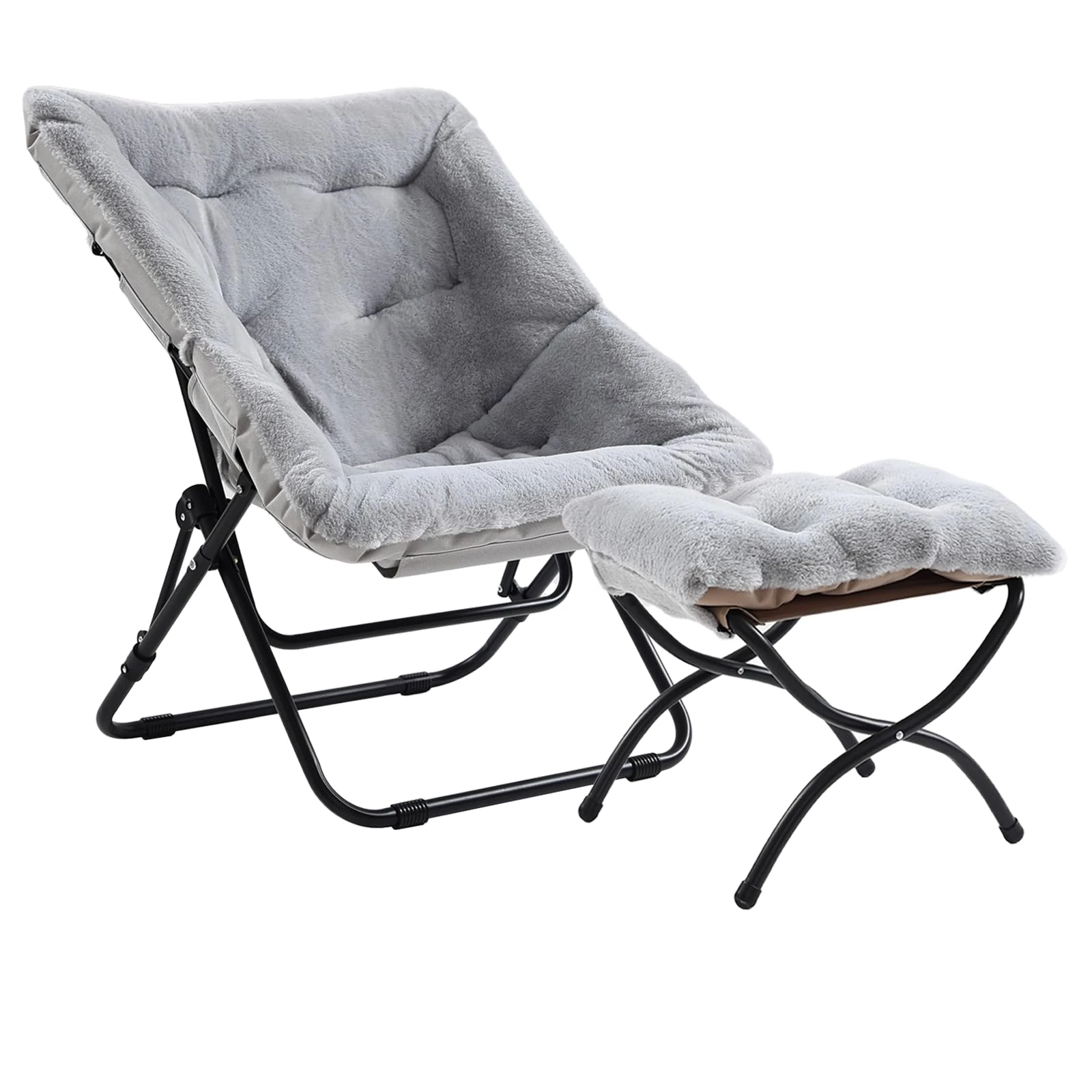 SESHINELL Comfy Saucer Chair with Ottoman, Oversized Foldable Faux Fur Lounge Accent Readin Chair Set with Metal Frame Moon for Bedroom, Living Room, Dorm Rooms, Grey