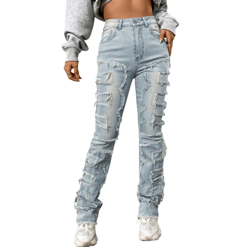 Wonyier Women's High Waisted Straight Leg Slim Fit Raw Hem Patchwork Stretchy Y2K Stacked Mom Jeans Boyfriend Jeans for Teen Girls, Light Blue, M - Image 1