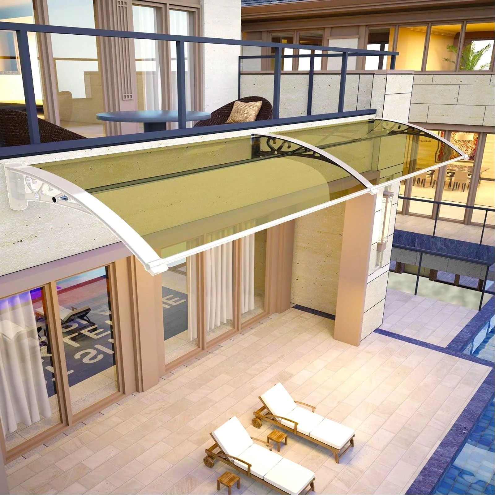 32x150 in/80x380 cm Window Door Awning Canopy, Entry Door Awning, White Bracket Tan Panel, Outdoor Window Awning, Exterior Canopy, Front Door Overhang Awning, for Sun Shutter, Rain, Snow Protection