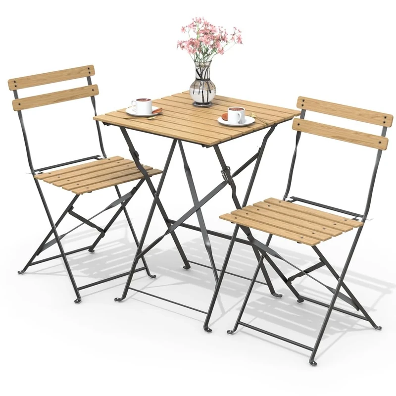 VOUNOT 3-Piece Bistro Set: Outdoor Furniture Ensemble with Foldable Wooden Table and 2 Chairs for Balcony, Terrace, and Garden