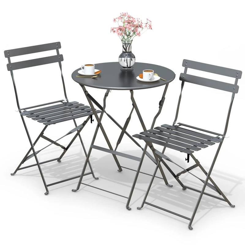 VOUNOT 3-Piece Bistro Set: Outdoor Furniture Ensemble with Foldable Table and 2 Chairs in Steel for Balcony, Terrace, and Garden - Grey