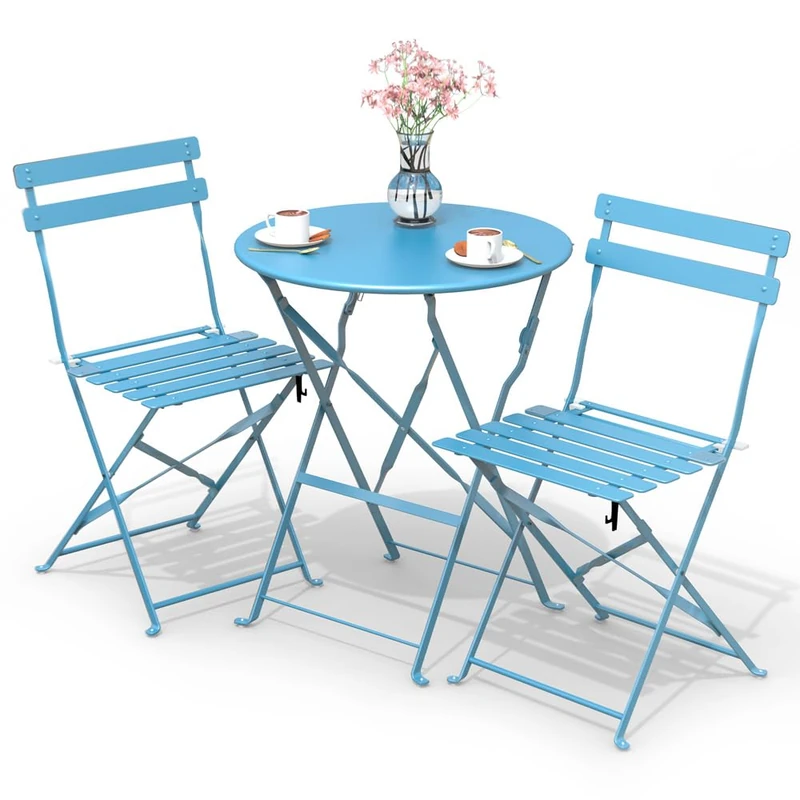 VOUNOT® 3-Piece Bistro Set: Outdoor Furniture Ensemble with Foldable Table and 2 Chairs in Steel for Balcony, Terrace, and Garden - Blue