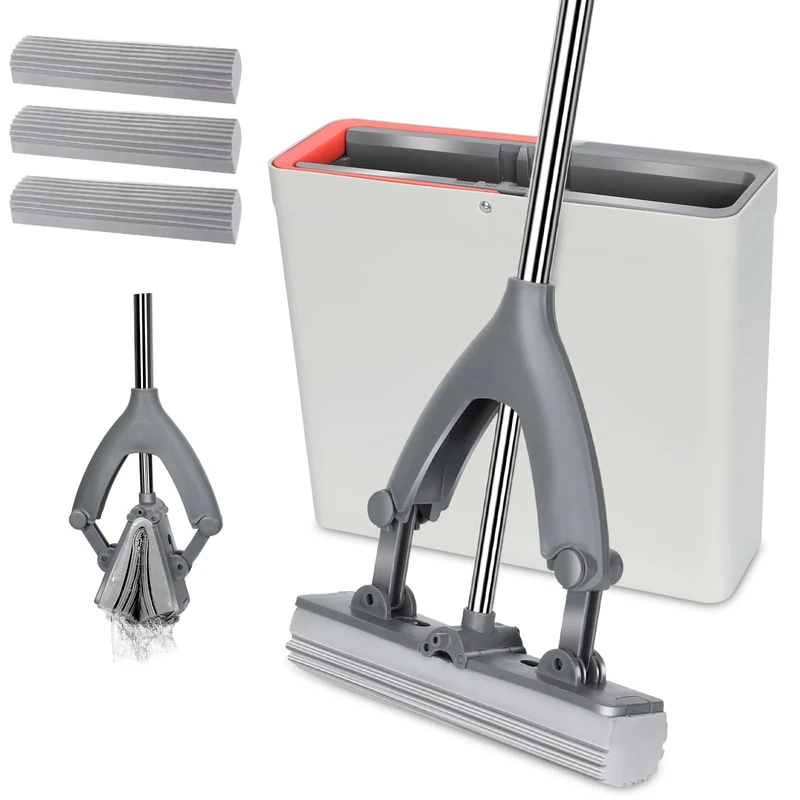 MASTERTOP Sponge Mop and Bucket, Lazy Squeeze Mops with Bucket Wringer, Super High Absorption Sponge Mops for Laminate, Tile, Hardwood Floor Cleaning, Send 3pcs Replacement Heads