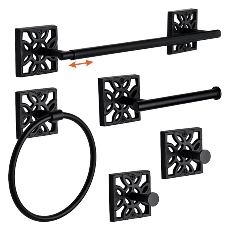 Autumn Alley 5 Pieces Matte Black Bathroom Accessories Set, Wall Mounted - Includes Hand Towel Rack, Hand Towel Ring, Toilet Paper Holder, and 2 Towel Robe Hook for Bathroom Towel Holder Set