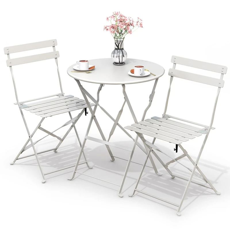 VOUNOT 3-Piece Bistro Set: Outdoor Furniture Ensemble with Foldable Table and 2 Chairs in Steel for Balcony, Terrace, and Garden - White