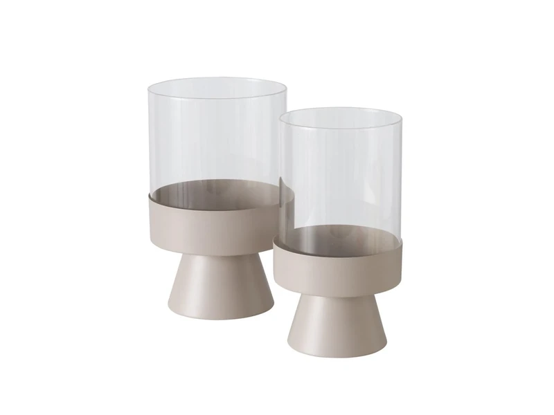 Boltze Pallas 2034703 Lantern (Candlestick Made of Powder-Coated Iron and Clear Glass, Beige, Round, 2-Piece)