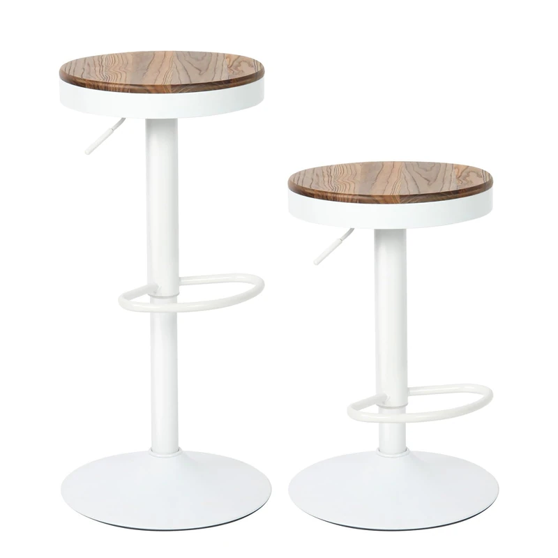 YOUNIKE Set of 2 Round Wooden Bar Stools High Chairs Central Island Kitchen Seat Bar Set of 2 Vintage Adjustable Rotation Metal Swivel White