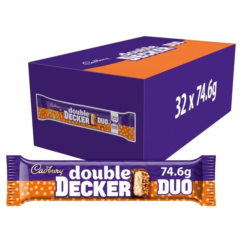 Cadbury Double Decker Duo Chocolate Bar, Bulk Buy Treats for Snacking, Sharing & Gifting 32 x 74.6 g