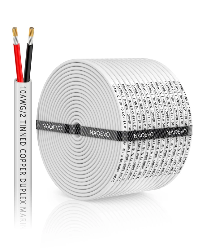 NAOEVO 10 Gauge Marine Wire Duplex, 10 AWG Stranded PVC Marine Electrical Wire, Waterproof/Corrosion Resistant/Tinned Copper Electrical Cable for Boat/Automotive/RV/Solar (100FT)