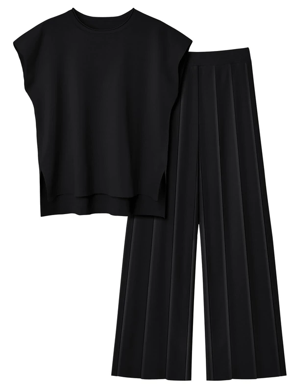 LILLUSORY 2 Piece Outfits for Women Knit Lightweight Sweater Sets Casual Lounge Sets Short Sleeve Top Elastic Waisted Pants, Black, XL