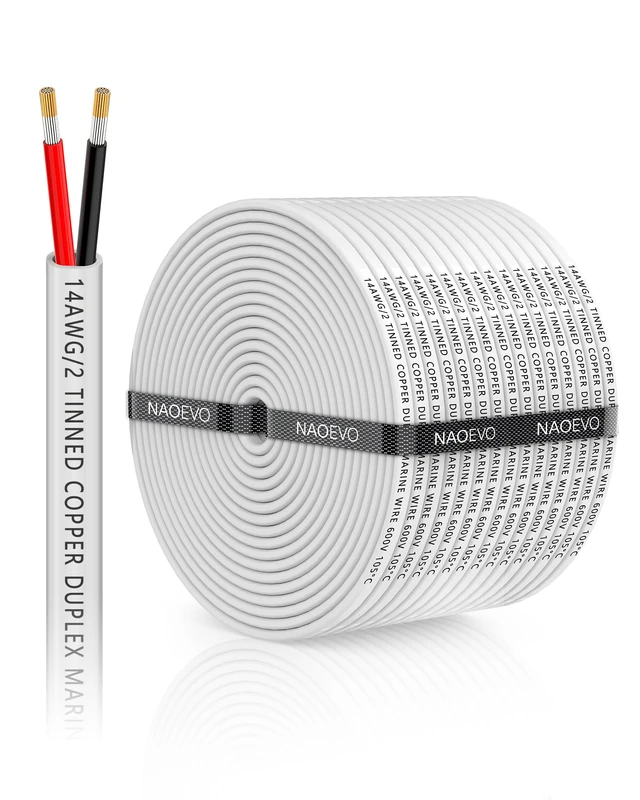 NAOEVO 14 Gauge Marine Wire Duplex, 14 AWG Stranded PVC Marine Electrical Wire, Waterproof/Corrosion Resistant/Tinned Copper Electrical Cable for Boat/Automotive/RV/Solar (100FT)