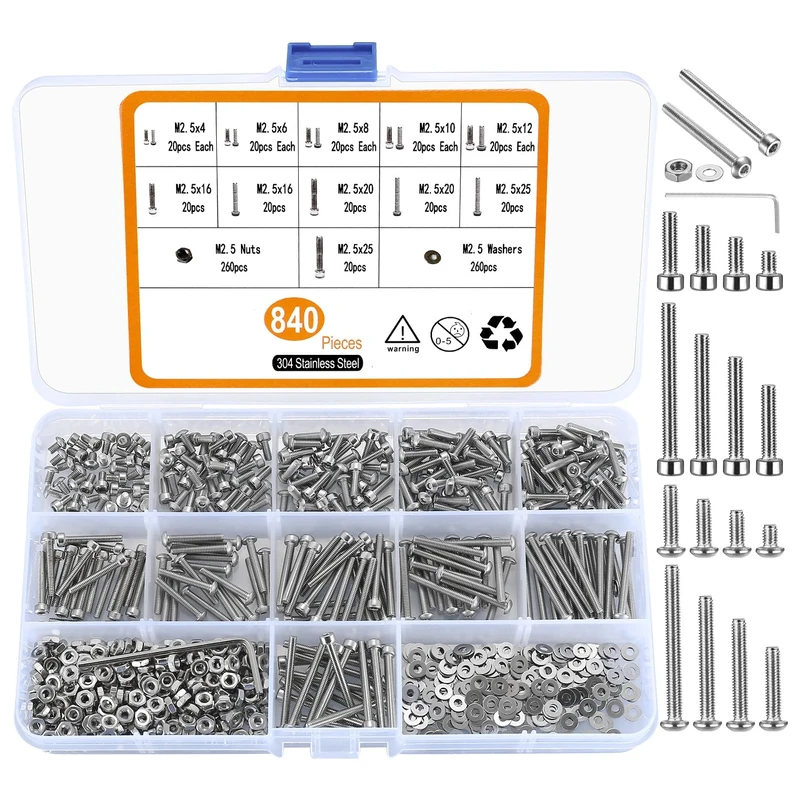 M2.5 Screw Set, 840 Hex Head Screws with Pan Head, Cylinder Nuts and Washers Assortment Kit, Thread Screws Cylinder, Stainless Steel Screw Set