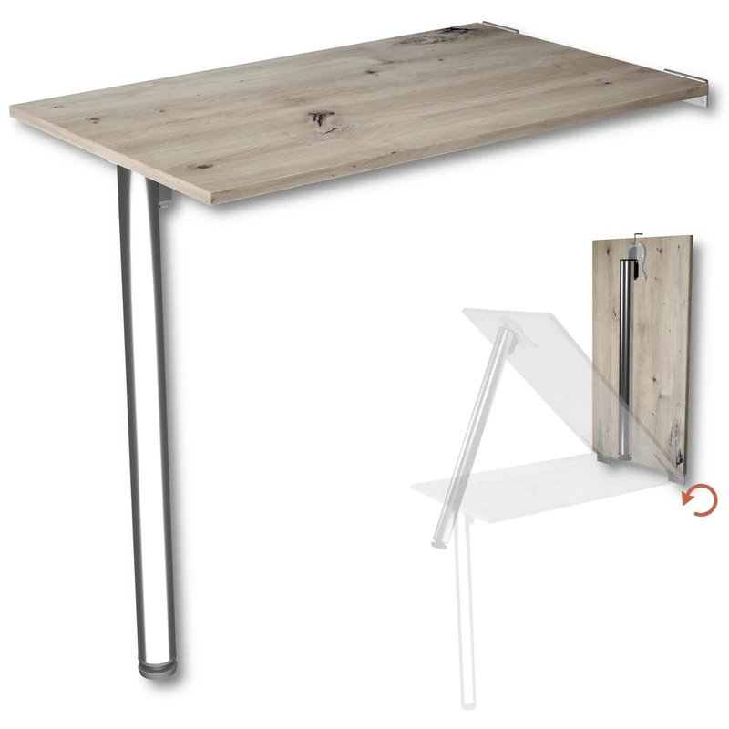 KDR Produktgestaltung Wall folding table Desk top 80x50 cm in knotty oak Table Dining Kitchen Height 74 cm for wall mounting with leg