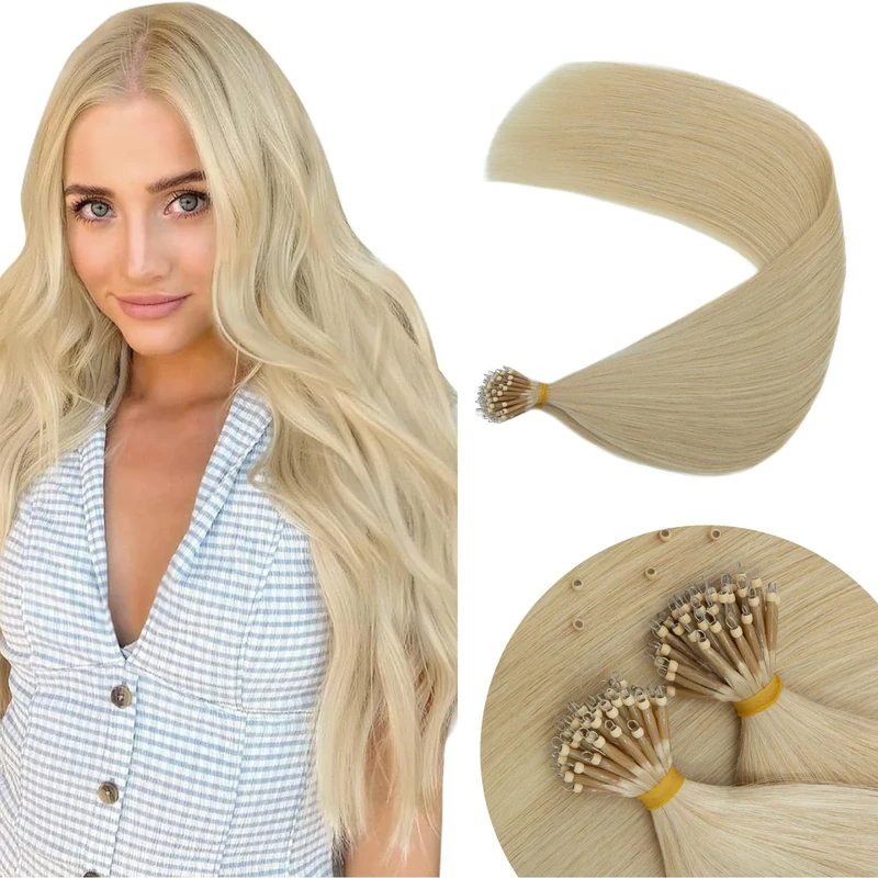 Elailite Nano Ring Hair Extensions Real Human Hair Blonde With Nano Beads Cold Fusion 50 Strands 50g Straight (#60 Platinum Blonde, 18 Inch)